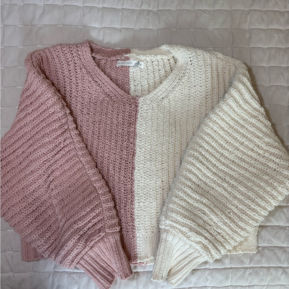 Altar'd State Pink and Cream V-Neck Sweater